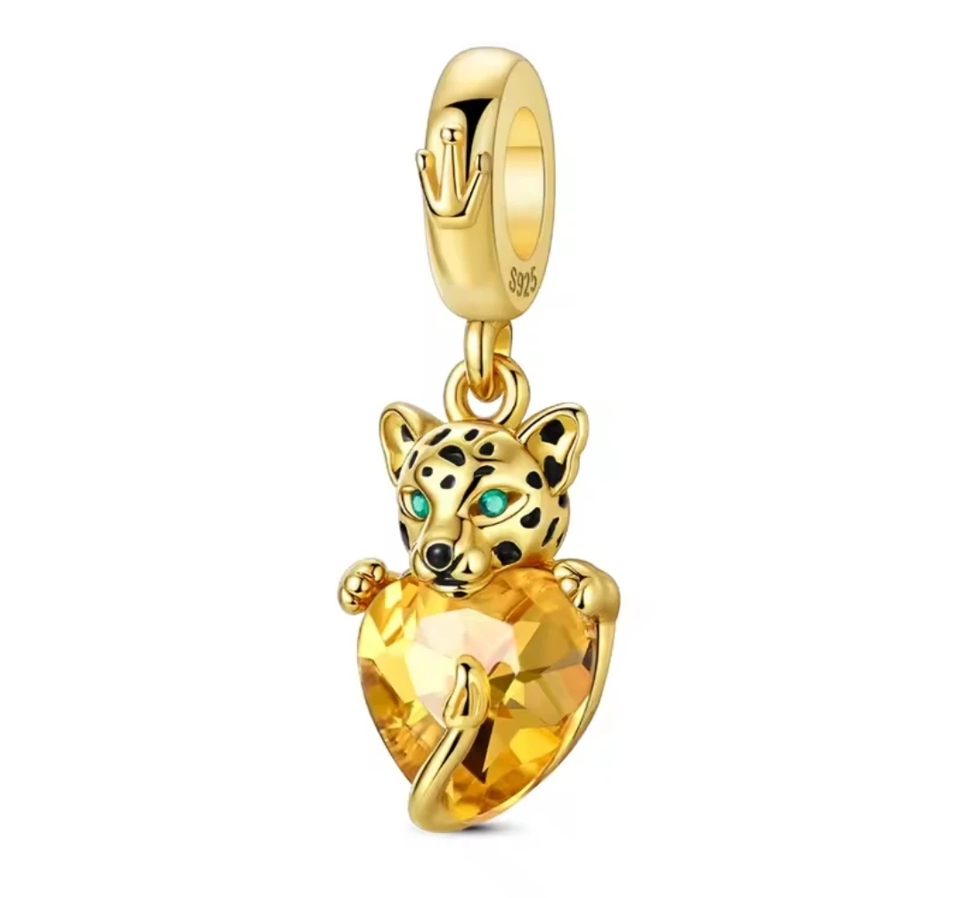 S925 Gold Leopard Heart Charm