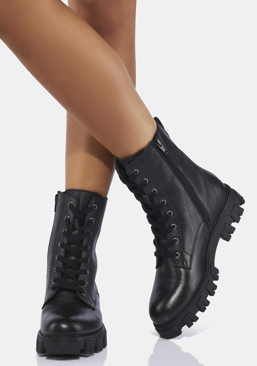 BNIB Brand New Black Leather Zippered Lace-Up Combat Boots