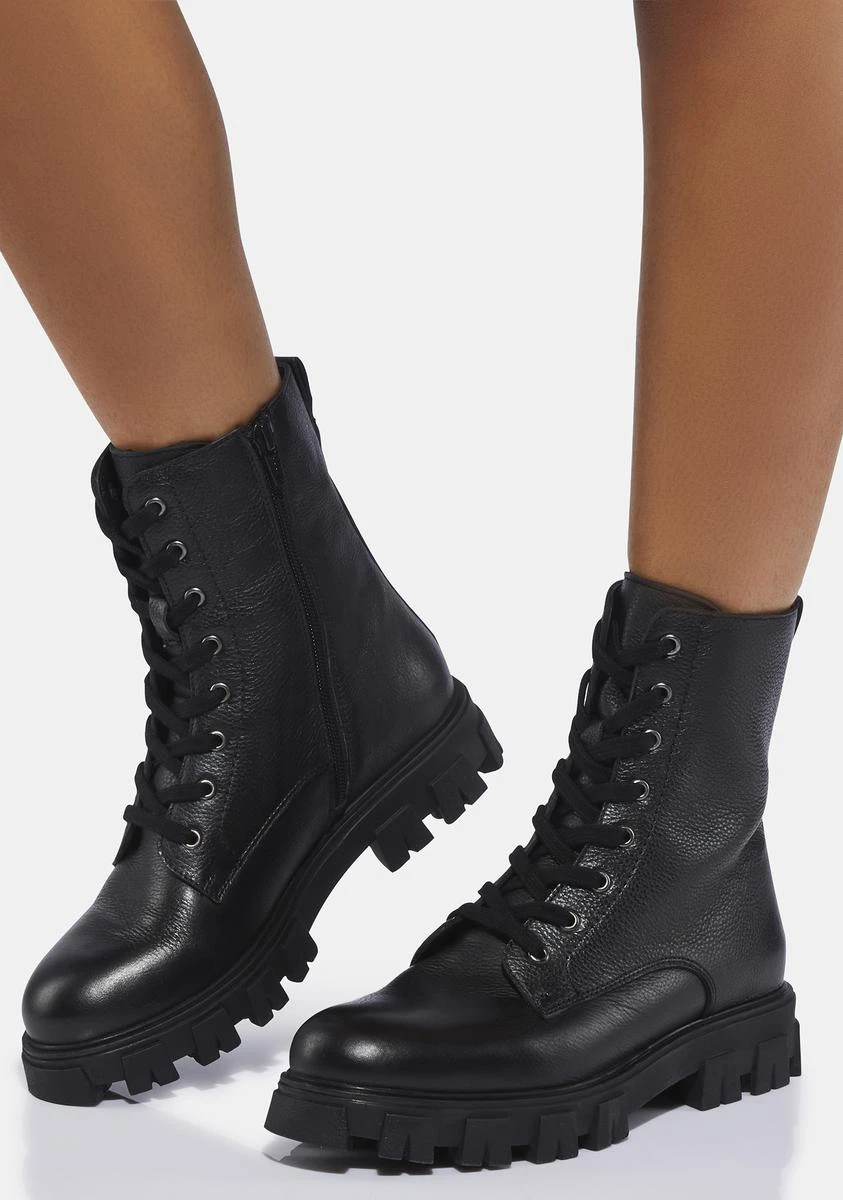 BNIB Brand New Black Leather Zippered Lace-Up Combat Boots - photo 2