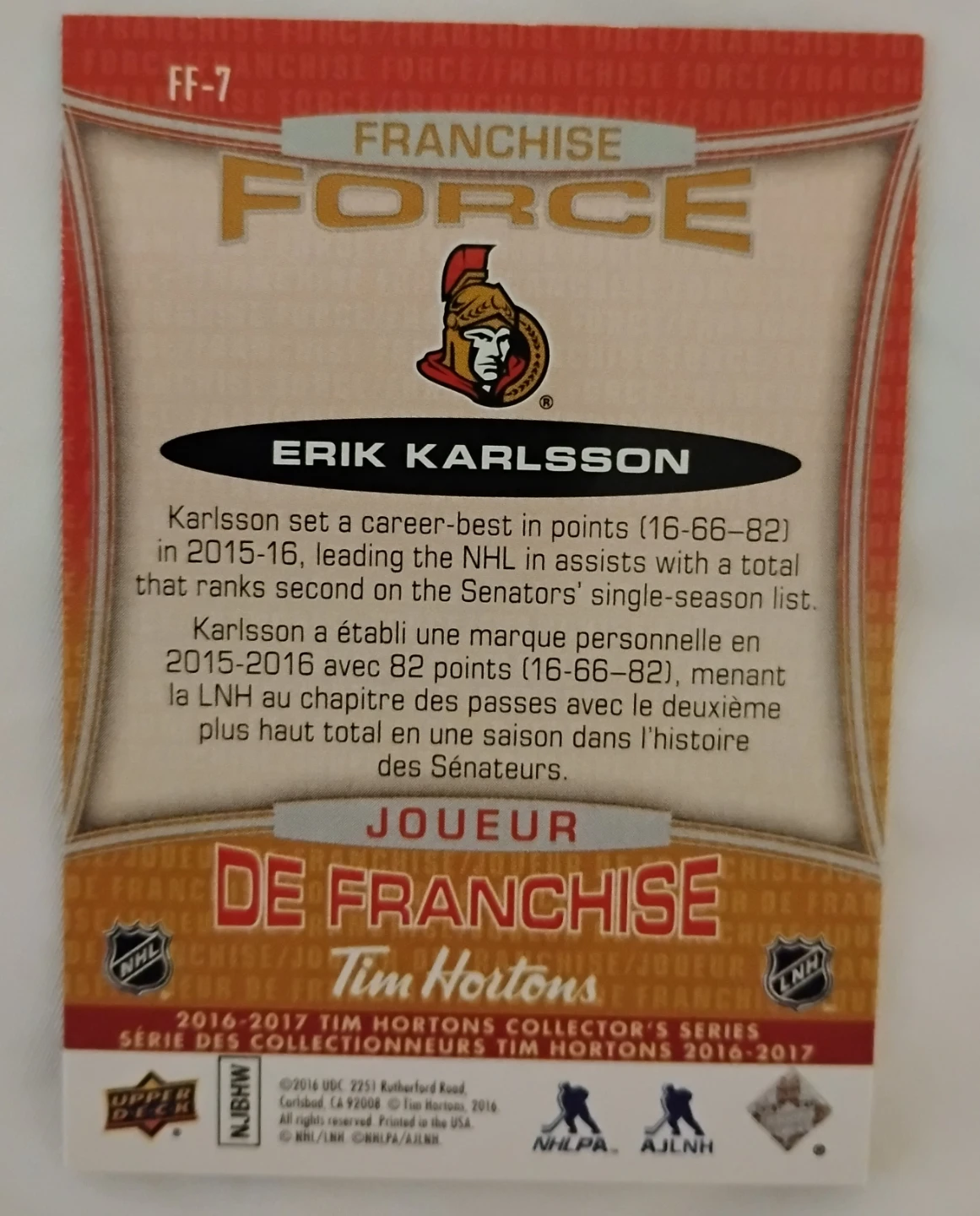Erik Karlsson Tim Hortons Hockey Card 🥕 - photo 2