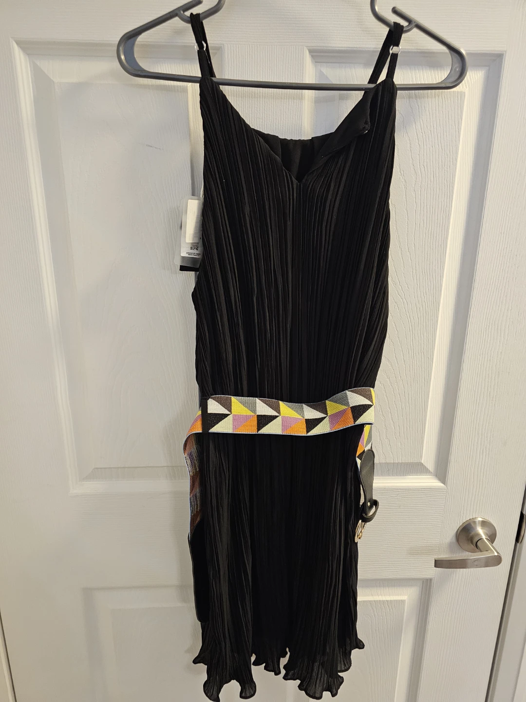 Black Pleated Midi Dress with Geometric Belt