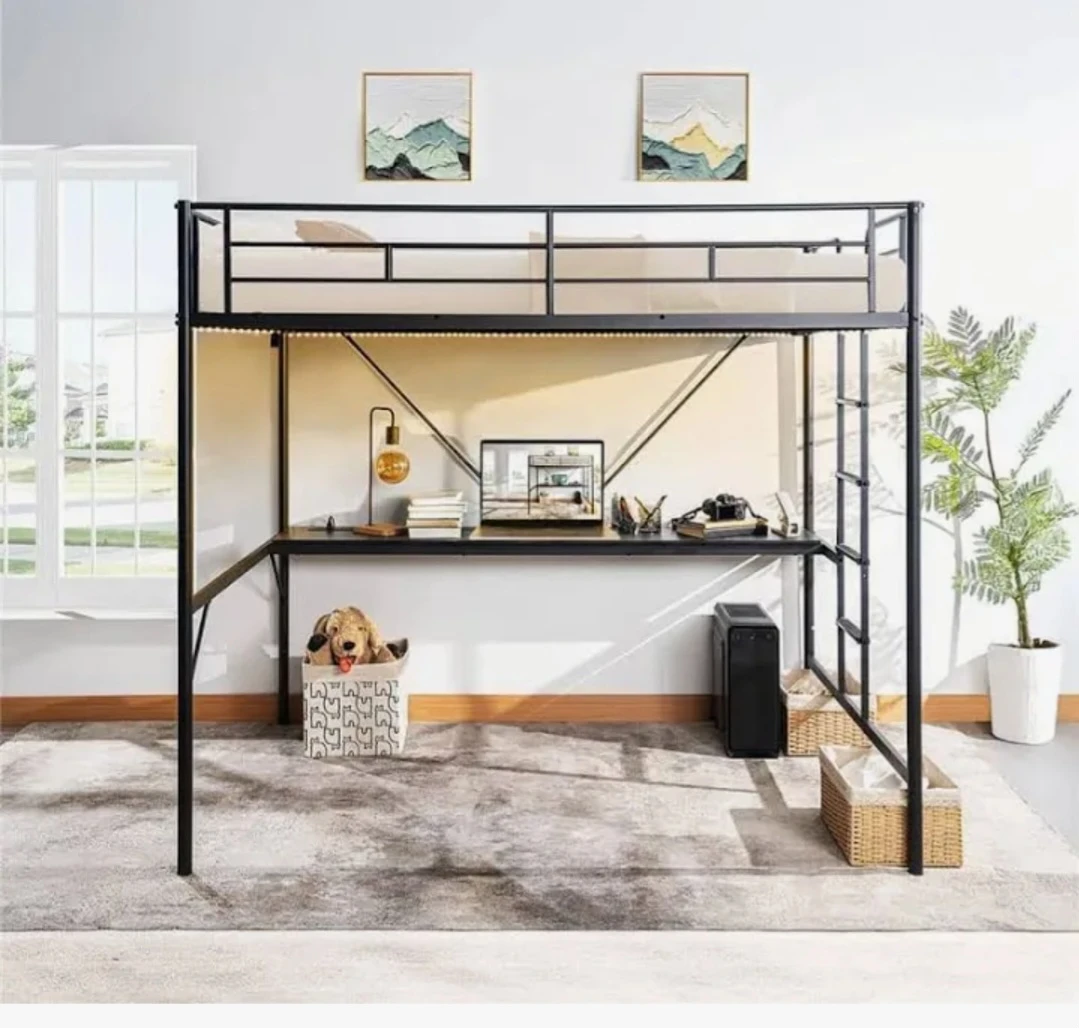 Black Metal Loft Bed Frame with Desk *Twin