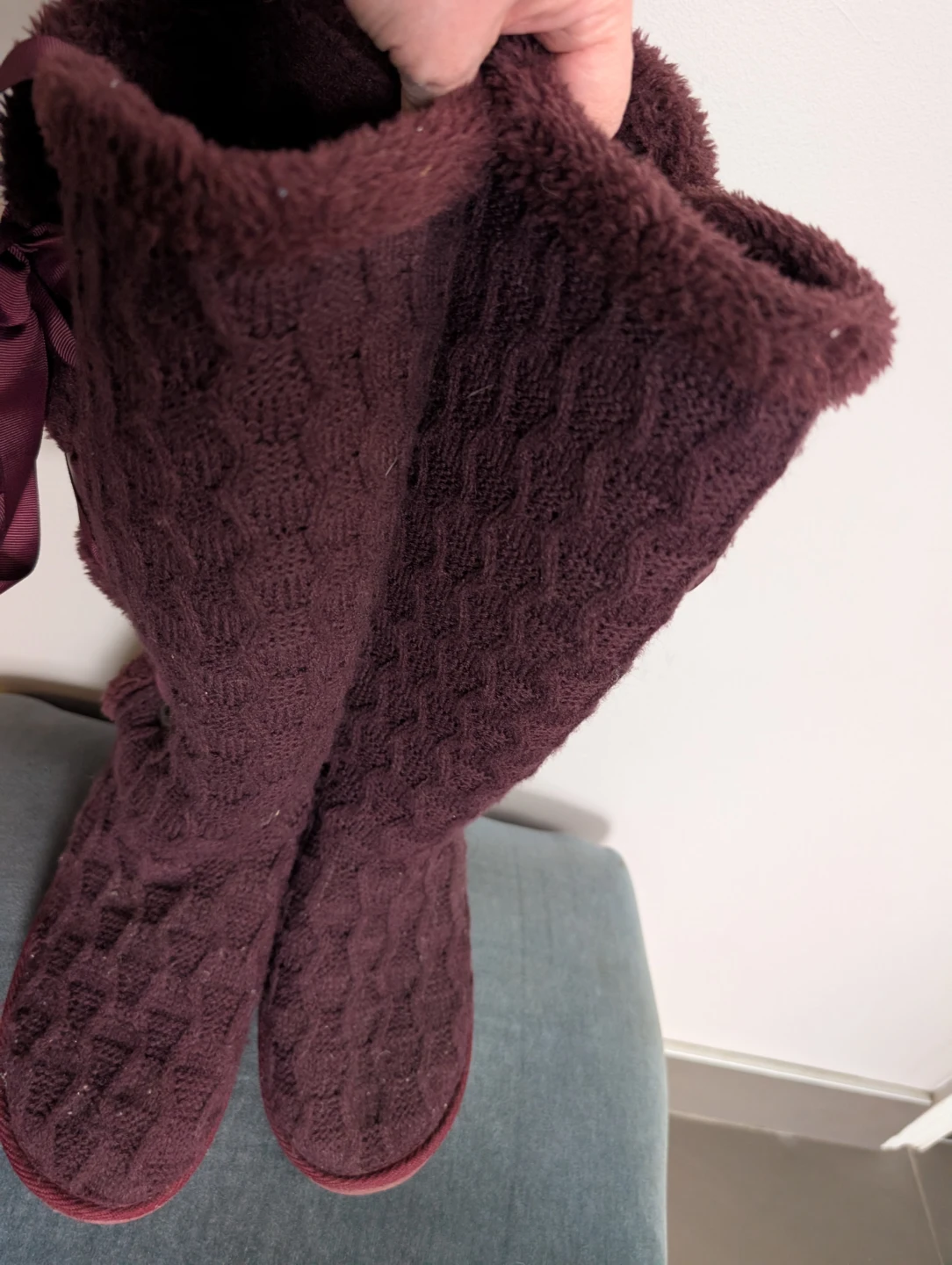 Burgundy Knit Boots with Ribbon Ties