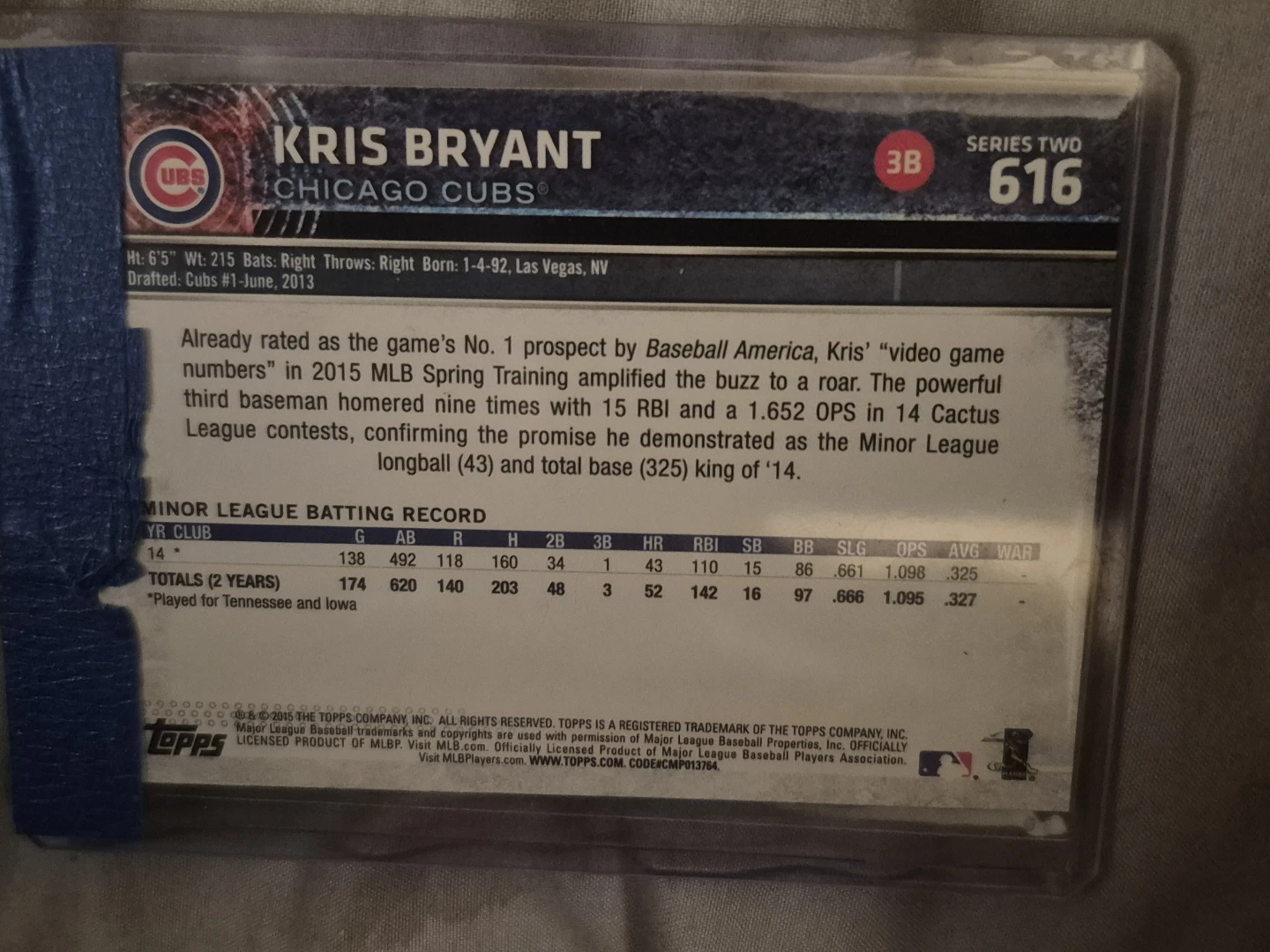 Kris Bryant Chicago Cubs Topps Rookie Card - photo 2