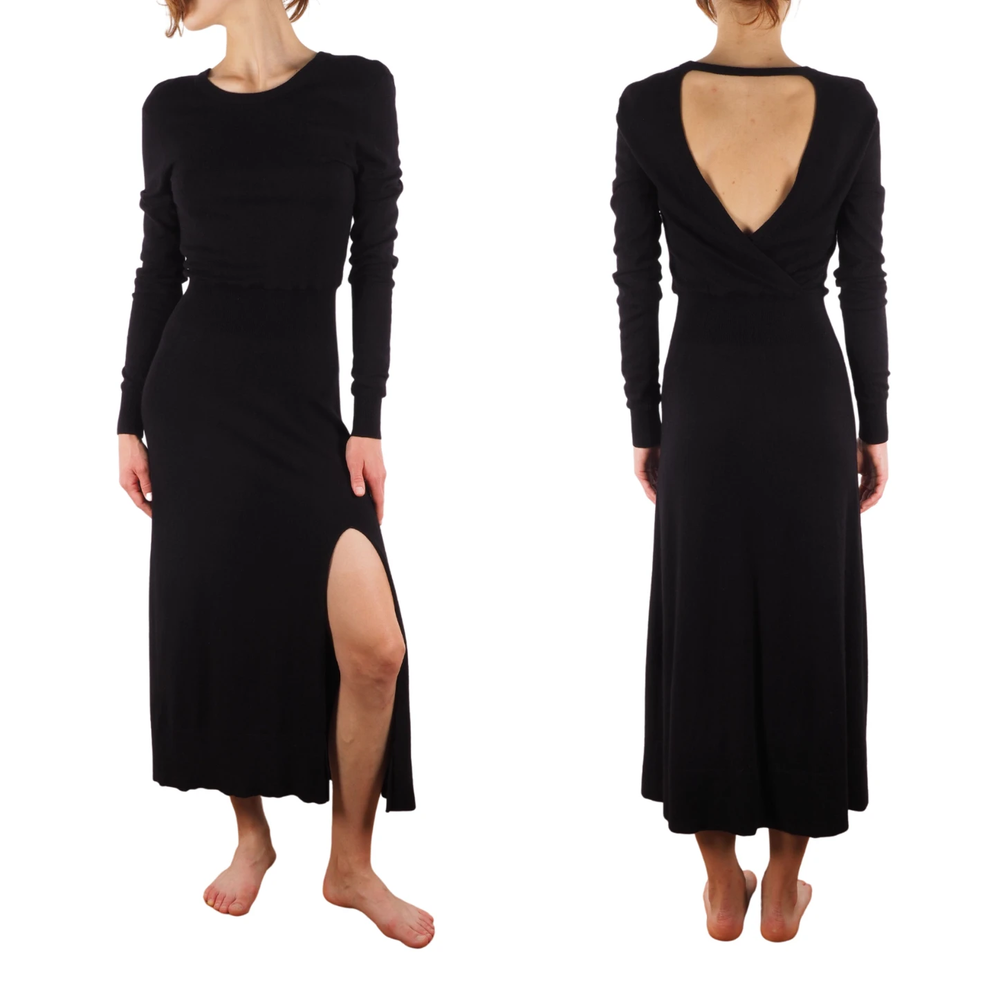 Maje Black Wool Drape Sweater Rolland Open Back Midi Dress s