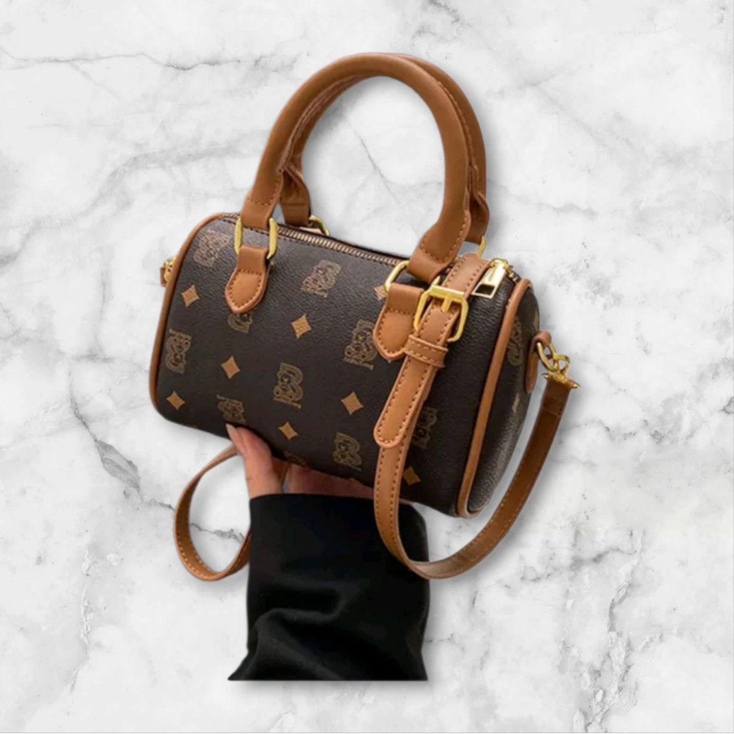 Brown Patterned Barrel Bag with Strap