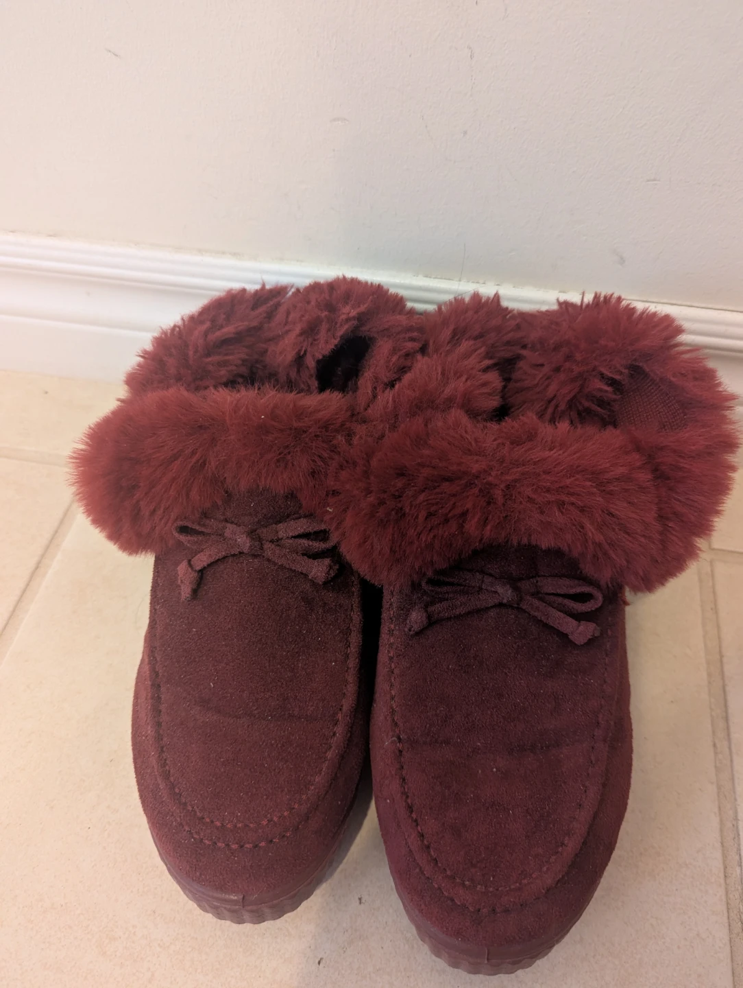 Burgundy Moccasin Slippers with Faux Fur Trim