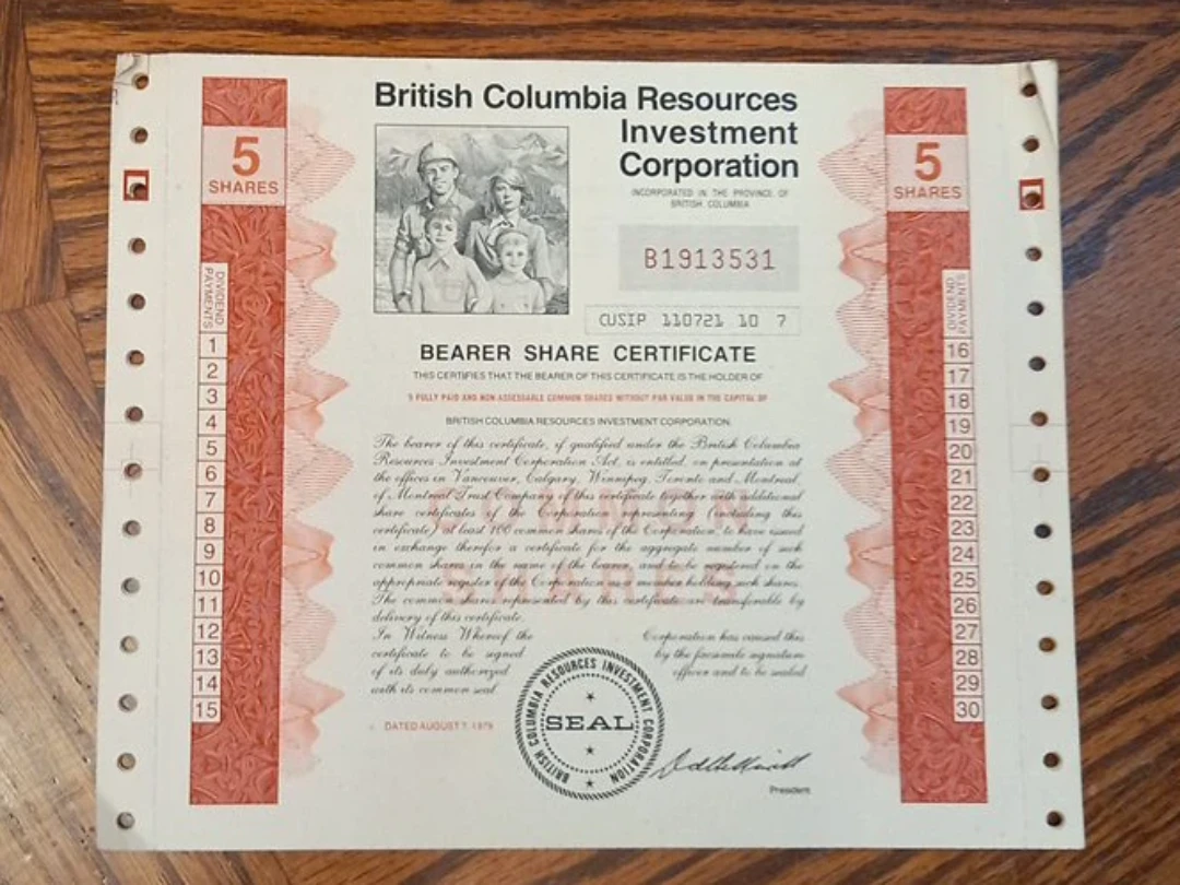 British Columbia Resources Investment Corporation Certificate
