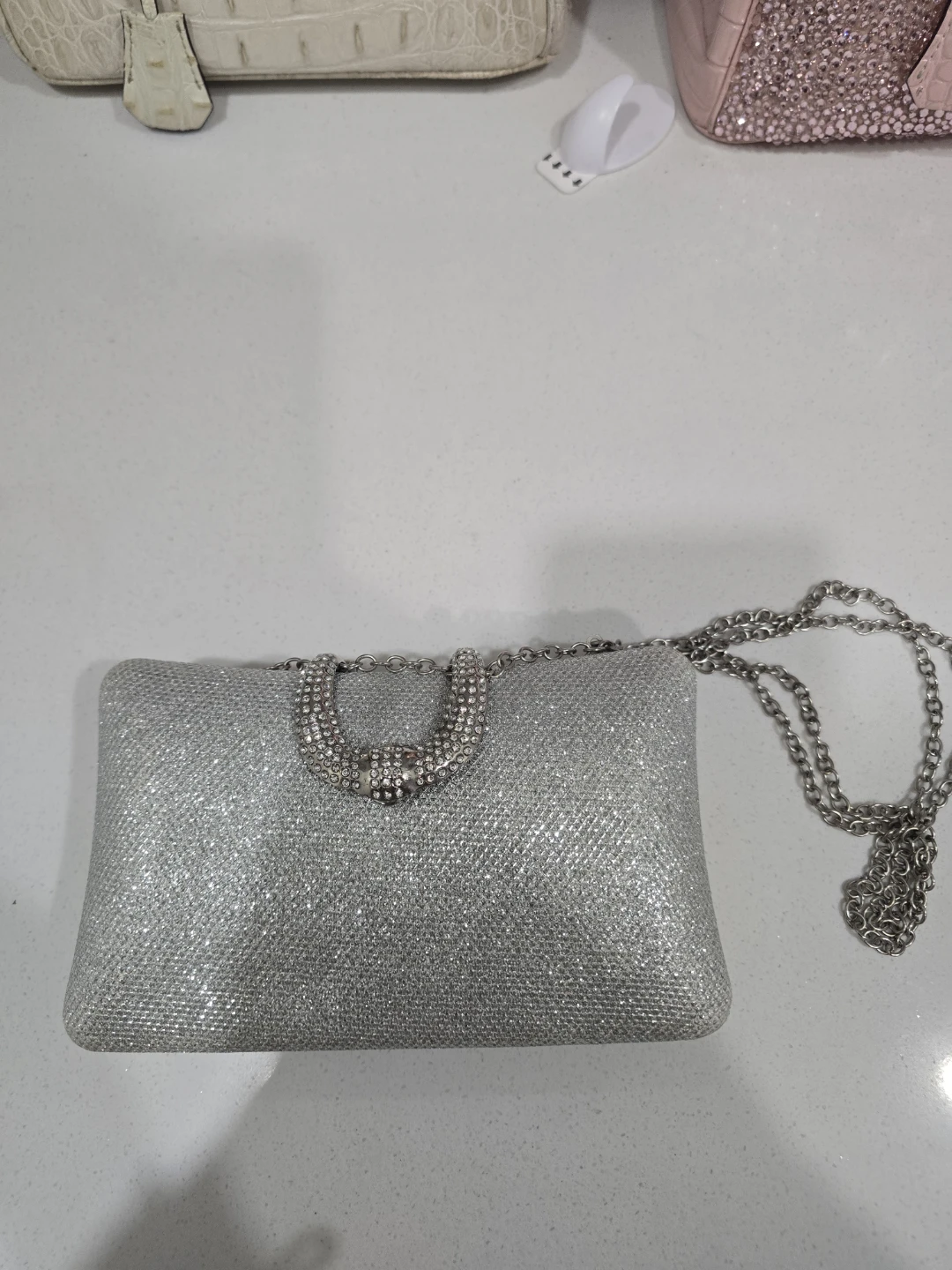 Silver Glitter Clutch with Chain