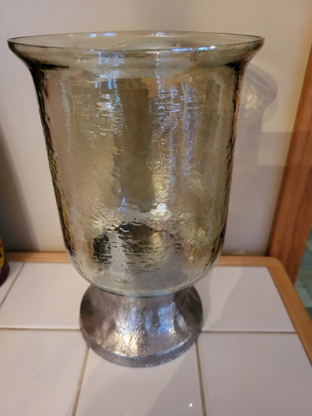Hammered Vintage Glass Candle Holder with silver tone Base
