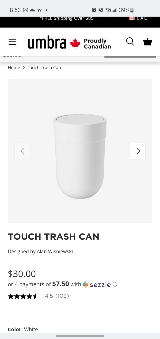 Umbra Touch Trash Can - White 🥕