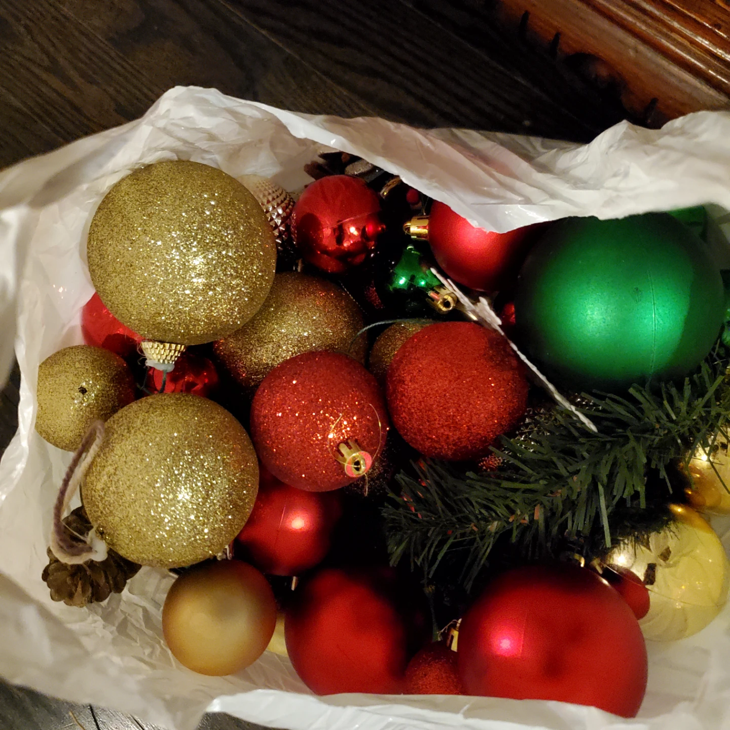 Bag of Christmas Ornaments - Red, Green, Gold