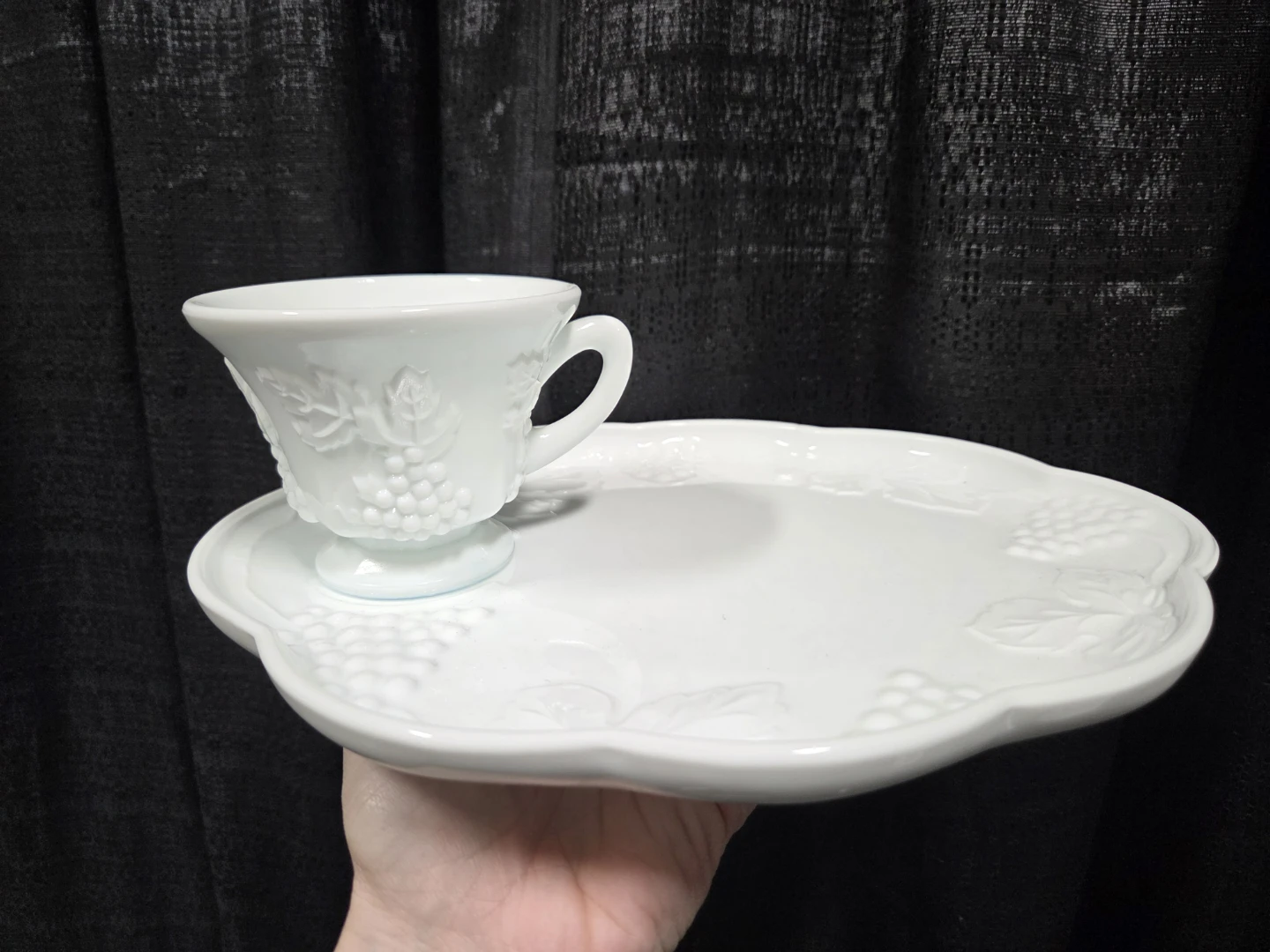 White Milk Glass Grape Embossed Cup and Saucer Set - photo 4
