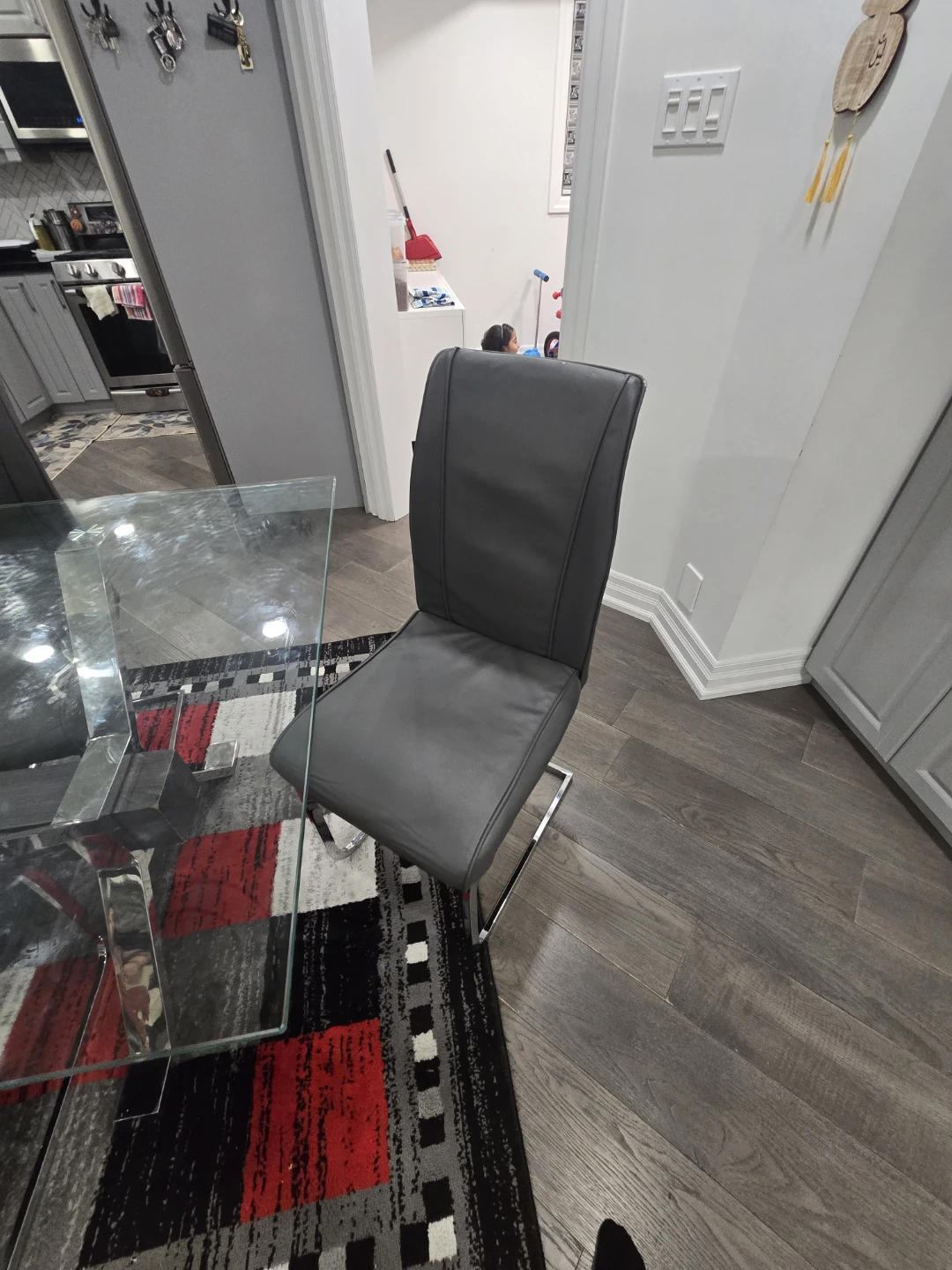 Modern Glass Top Dining Table and Grey Faux Leather Chairs