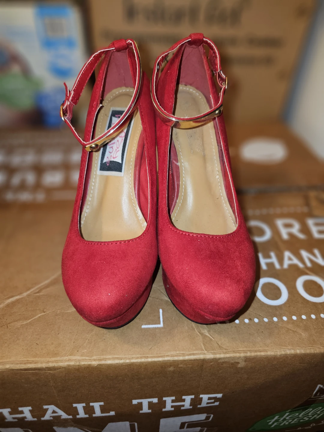 Red Suede Wedge Heels with Ankle Strap