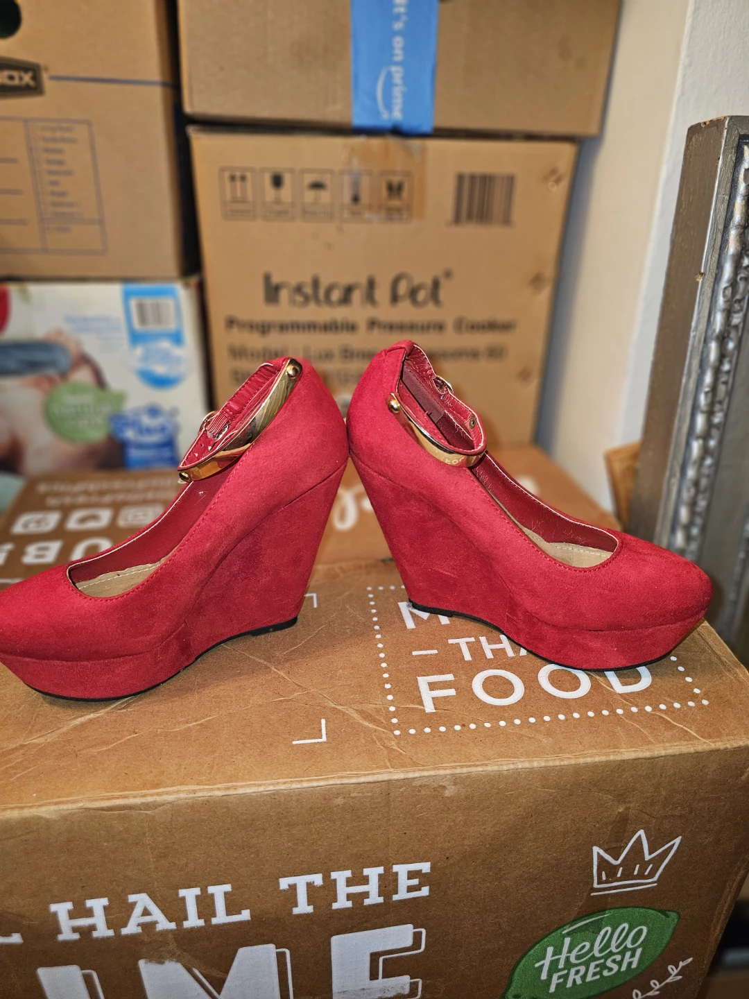 Red Suede Wedge Heels with Ankle Strap - photo 2