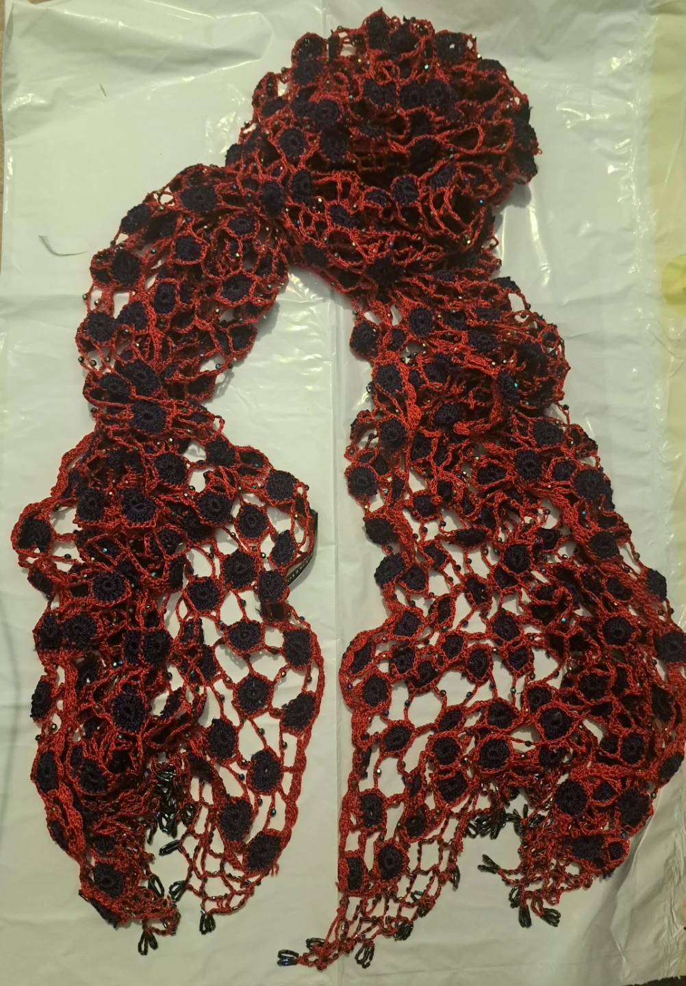 Red and Navy Blue Crocheted Scarf with Beads