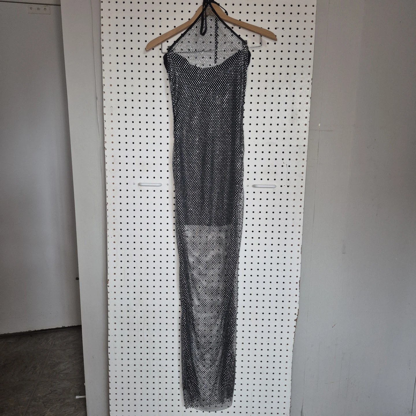 Grey lab rhinestone mesh Black Halter Maxi Dress