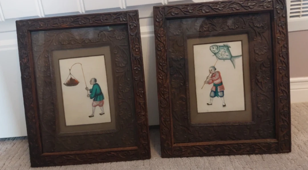 Antique Chinese Pith Paper Paintings-Pair in Hand-Carved Frames - photo 2