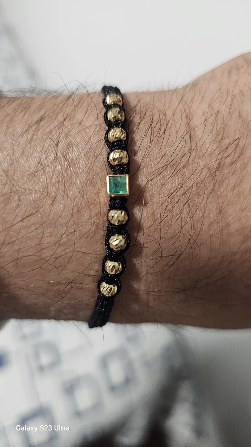 Handmade Black Cord Bracelet with Gold 18k Beads & Emerald - photo 2