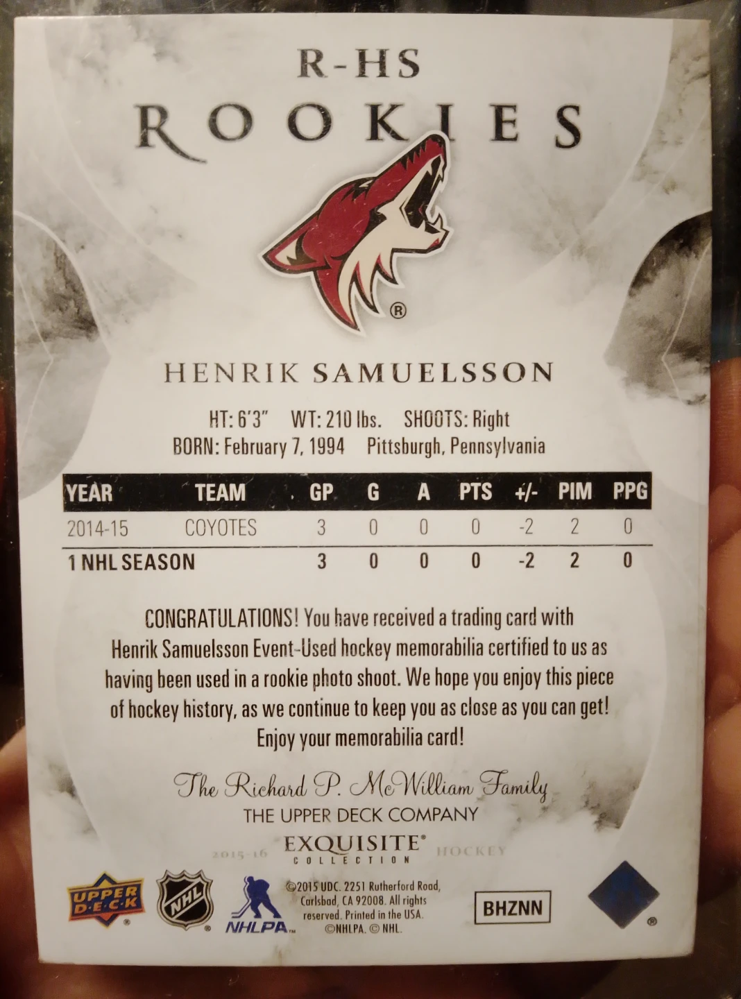 Henrik Samuelsson Hockey Card - Coyotes Rookie - photo 2