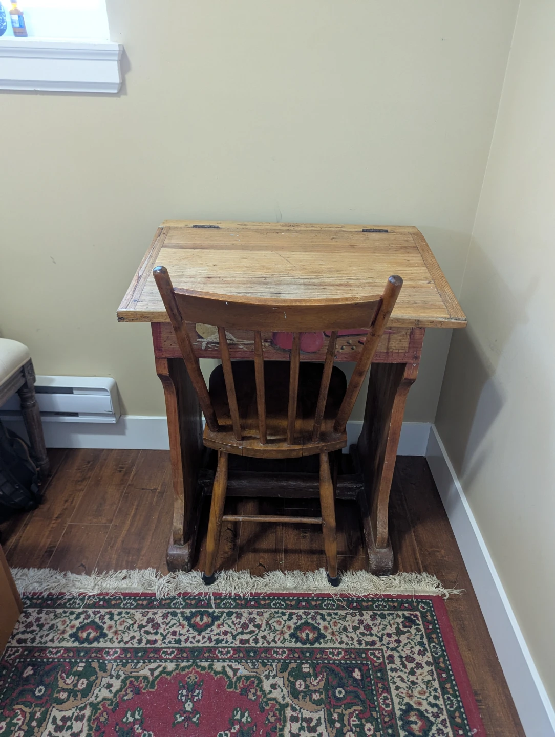 Vintage Wooden School Desk with Hand-Painted Design