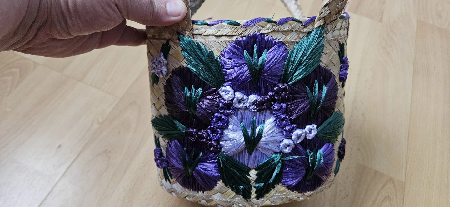 Straw Basket with Embroidered Floral Design