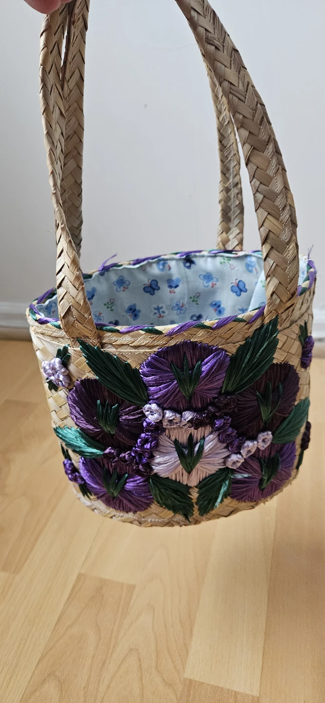 Straw Basket with Embroidered Floral Design - photo 3