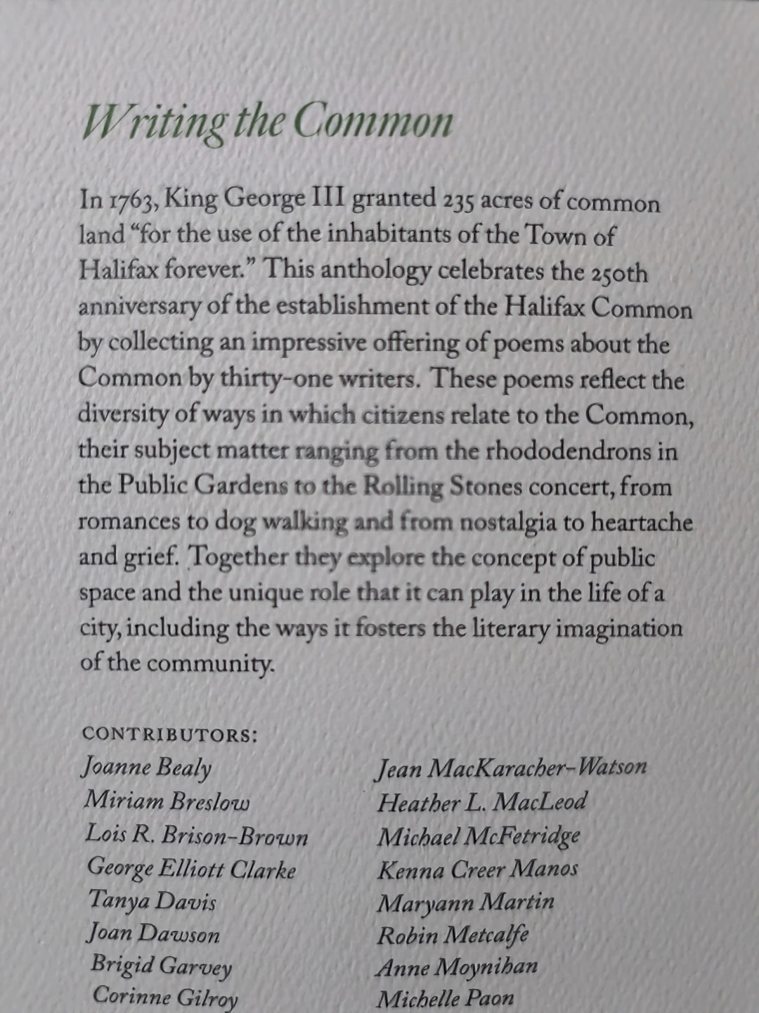 Writing the Common: Poetry Commemorating the Halifax Commons - photo 2
