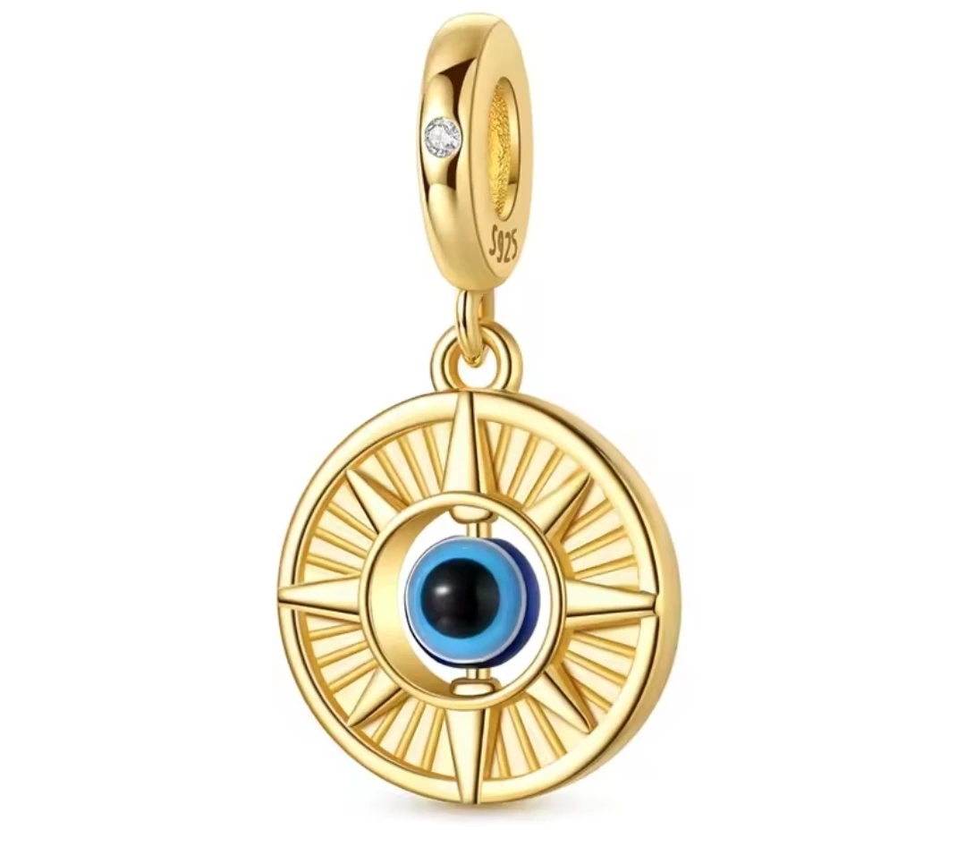 S925 Spinning Gold Evil Eye Compass Charm