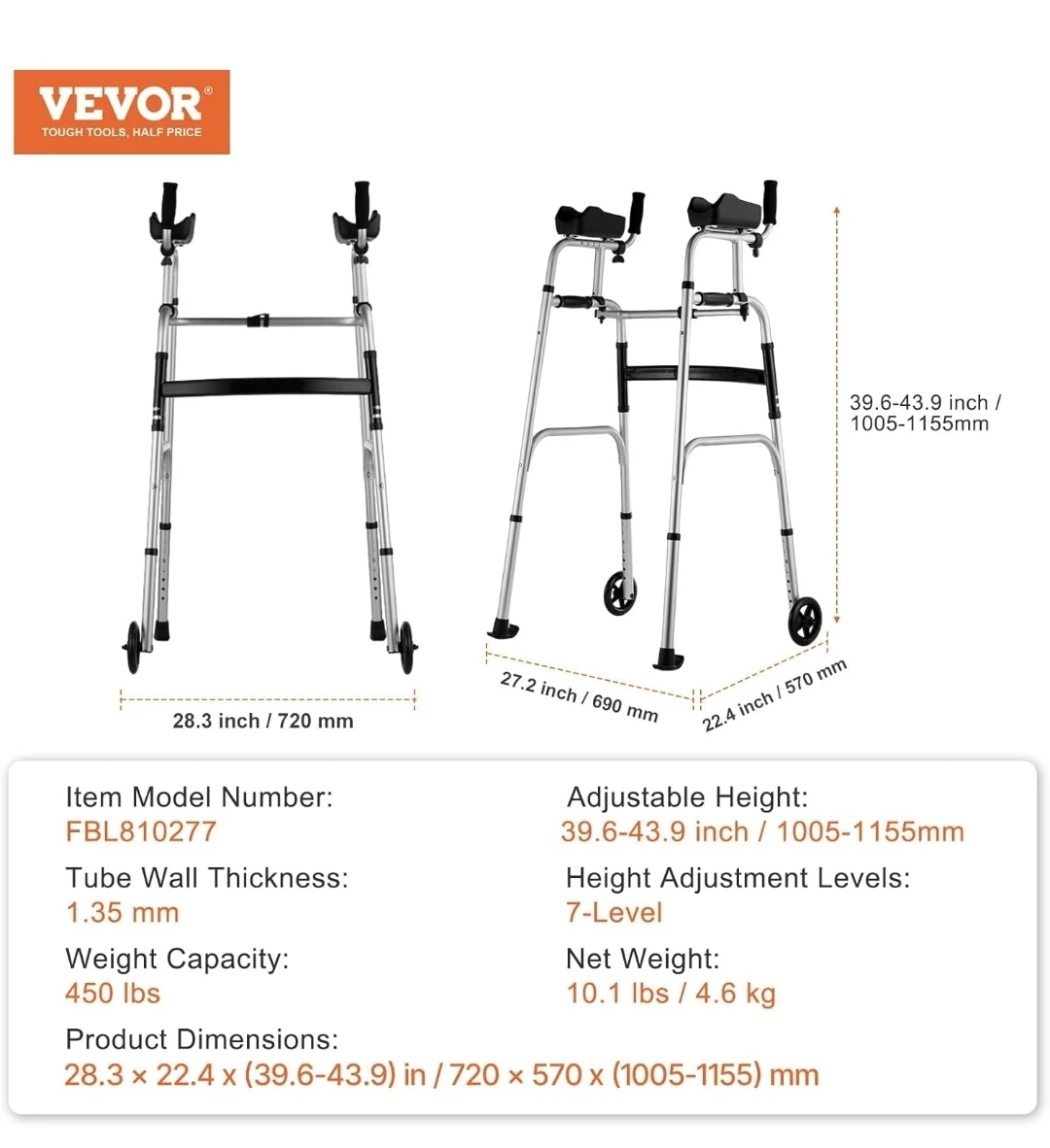 VEVOR Folding Walker with Armrest Support - photo 3
