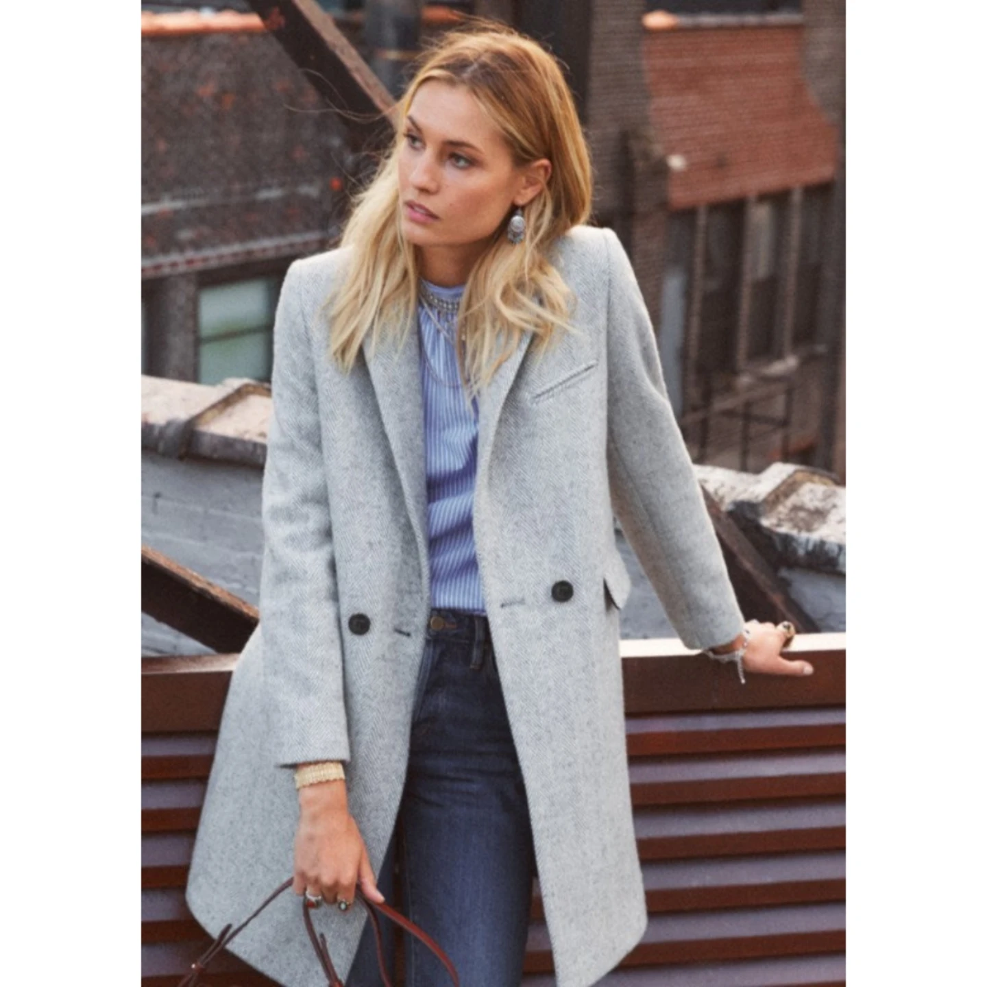 SEZANE Grey Herringbone Wool Blend Coat