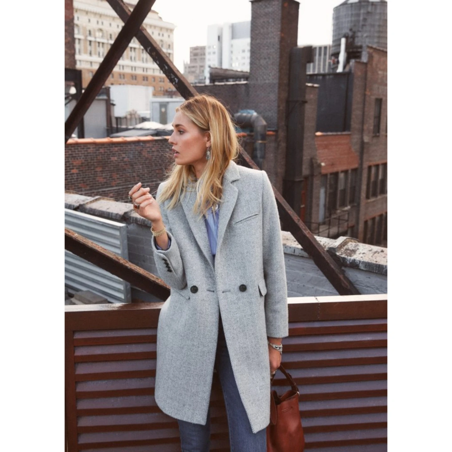 SEZANE Grey Herringbone Wool Blend Coat - photo 3