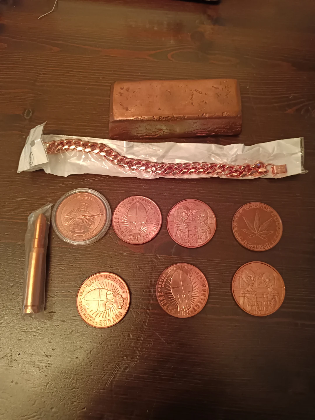 Copper Bar, Bracelet, and Medallions Set