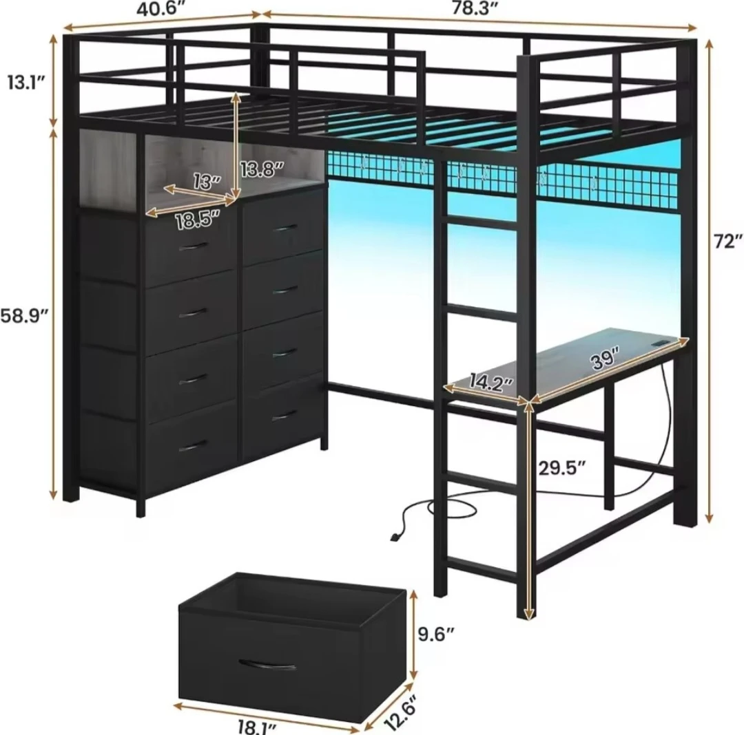 Loft Bed with Desk and 8 Drawers - Black Metal Frame - photo 2
