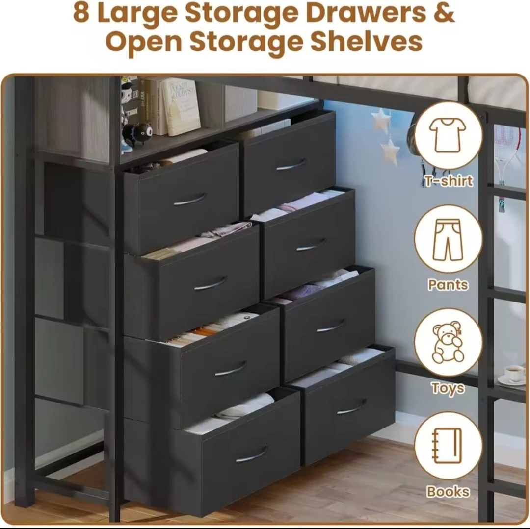 Loft Bed with Desk and 8 Drawers - Black Metal Frame - photo 5