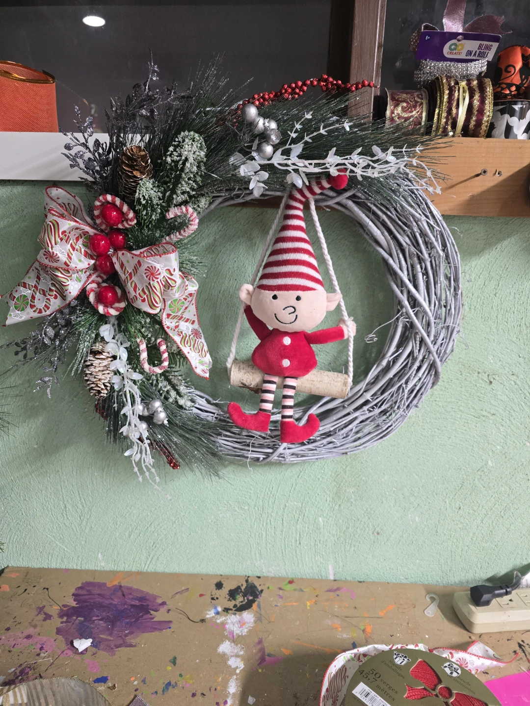 Christmas Elf Wreath with Candy Cane Bow