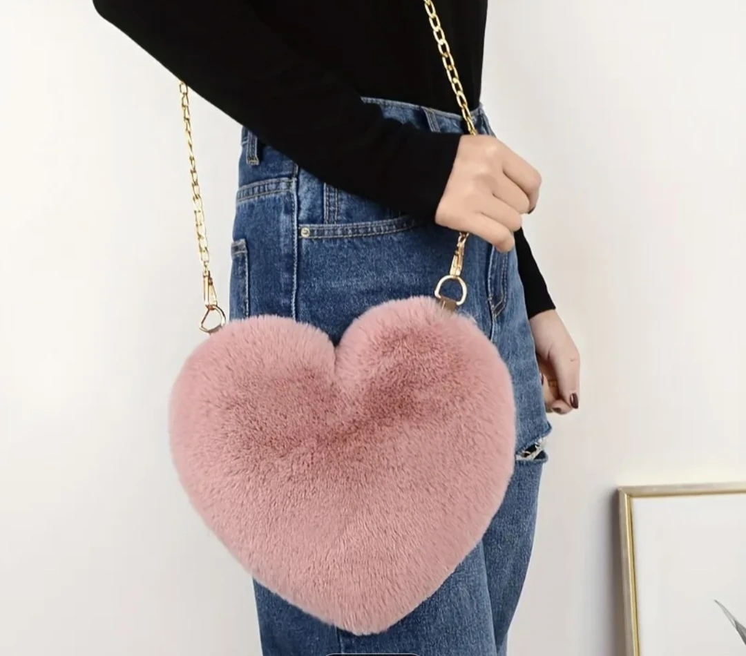 Pink Faux Fur Heart Shaped Crossbody Bag