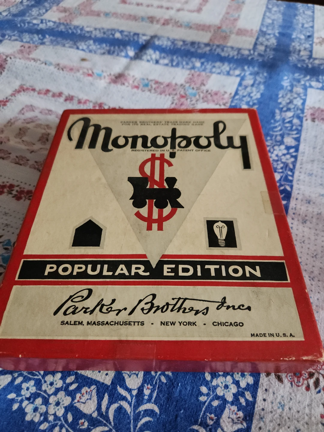 Old monopoly set pieces, cards and money