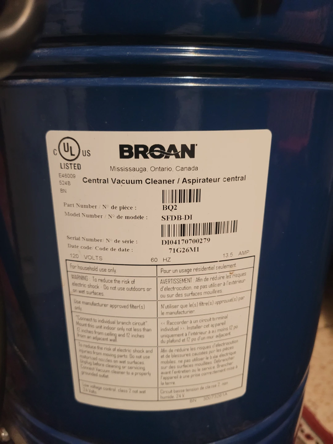 Broan Central Vacuum Cleaner BQ2 SFDB DI - photo 4