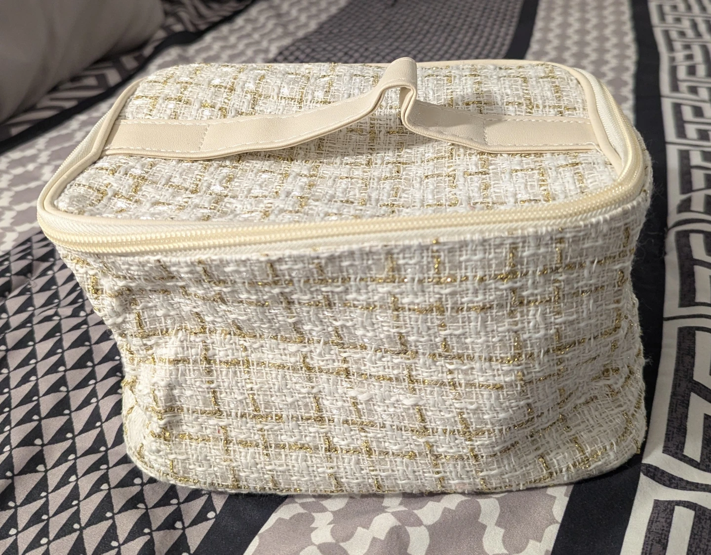 White and Gold Tweed Cosmetic Bag