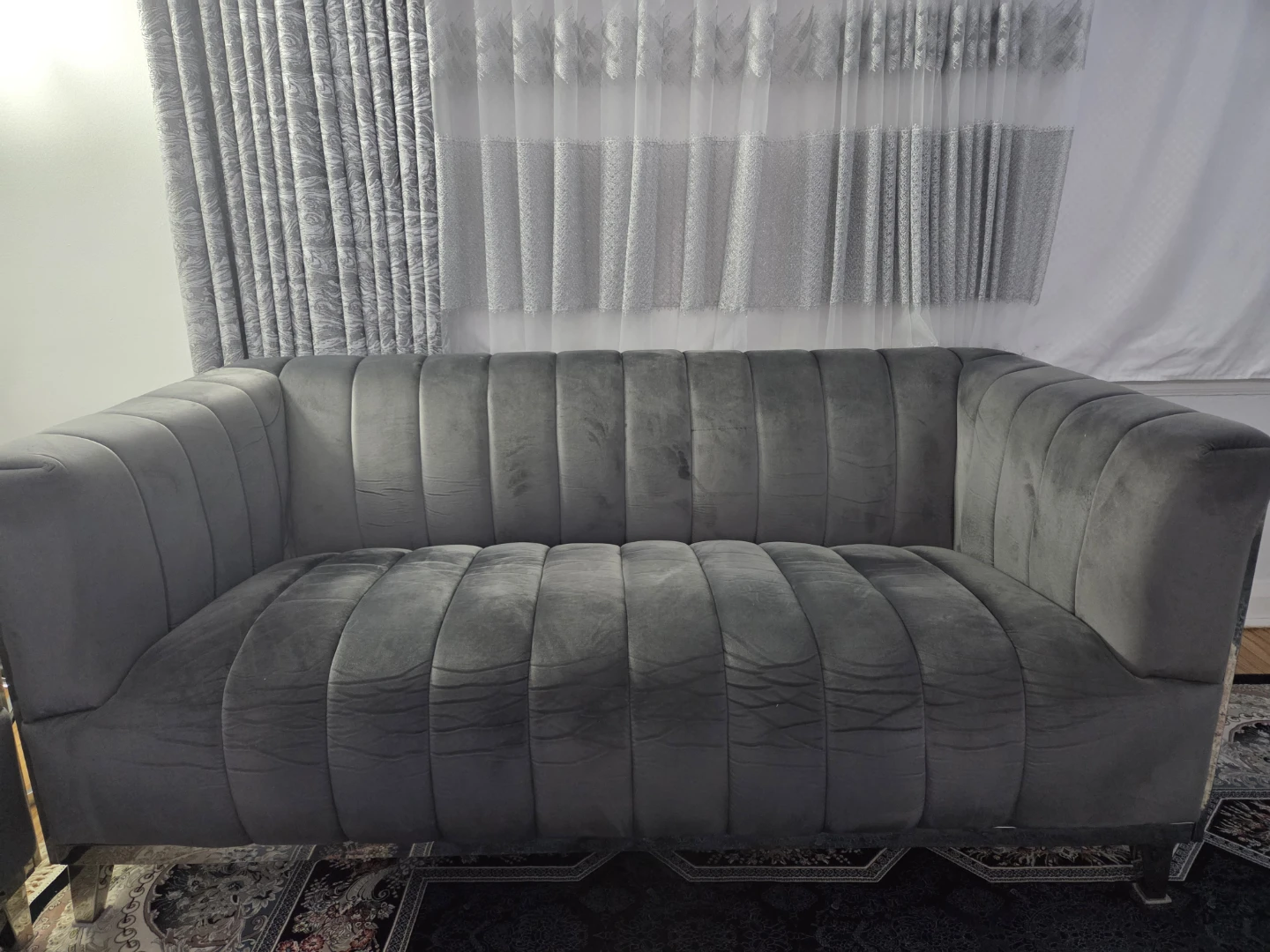 Grey Velvet Sectional Sofa with Geometric Metal Accents