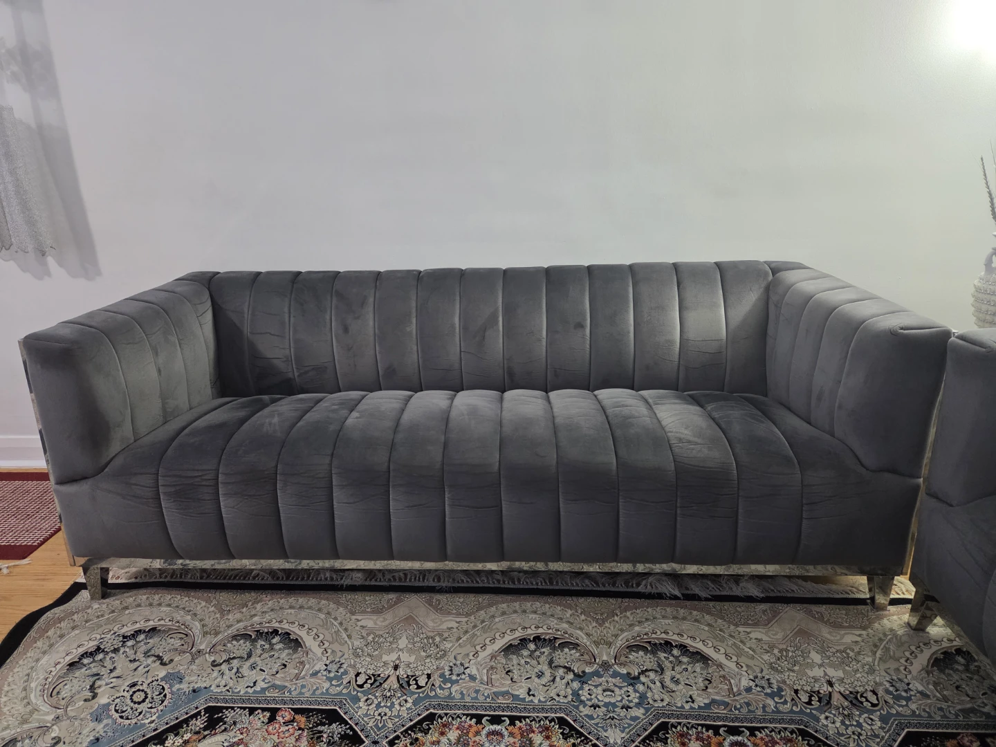 Grey Velvet Sectional Sofa with Geometric Metal Accents - photo 2