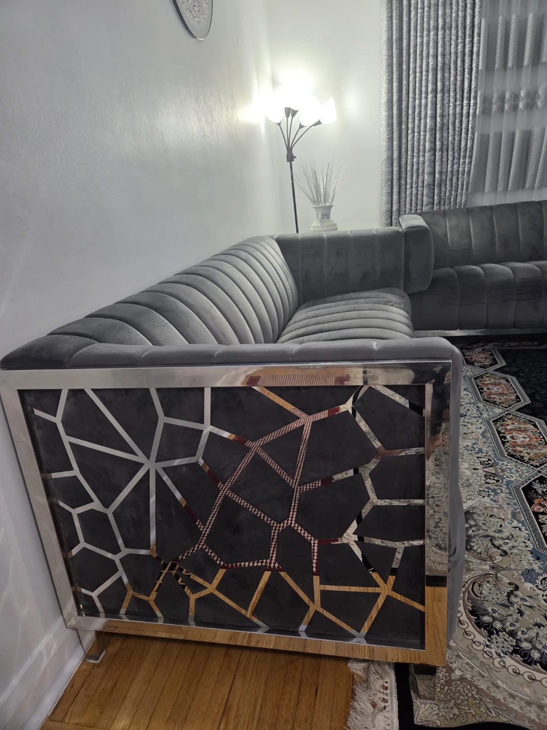 Grey Velvet Sectional Sofa with Geometric Metal Accents - photo 3