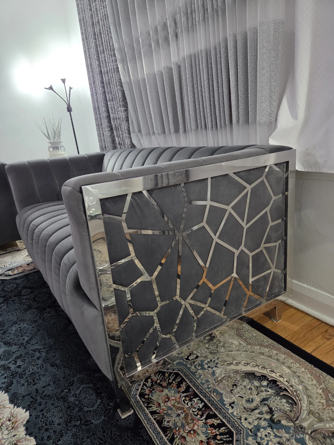 Grey Velvet Sectional Sofa with Geometric Metal Accents - photo 4