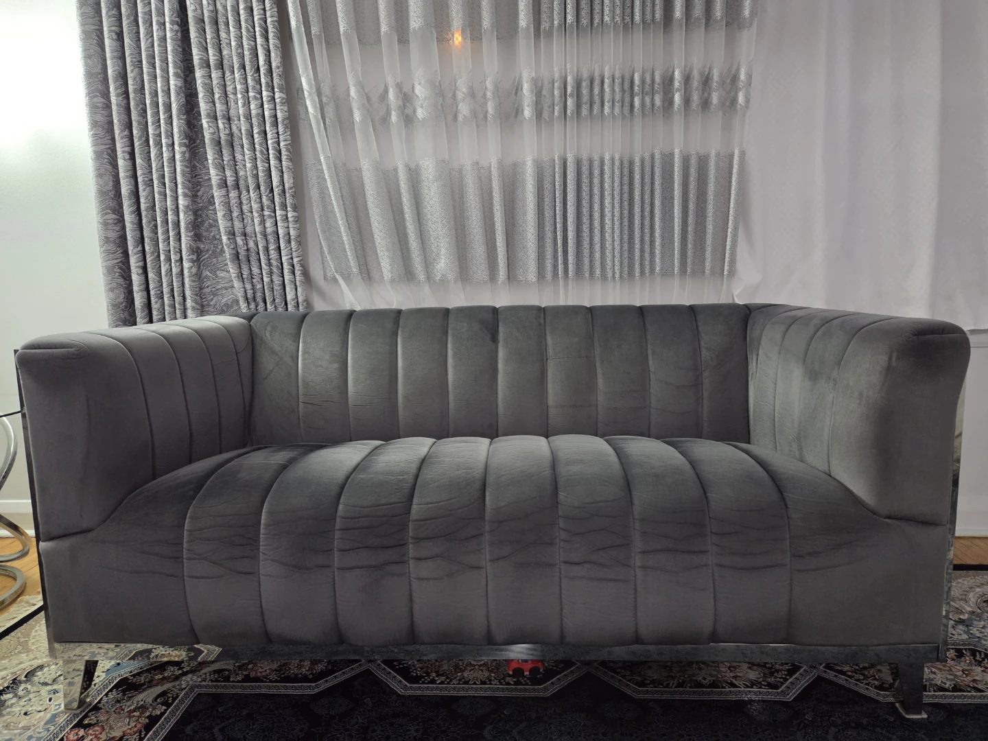 Grey Velvet Sectional Sofa with Geometric Metal Accents - photo 5