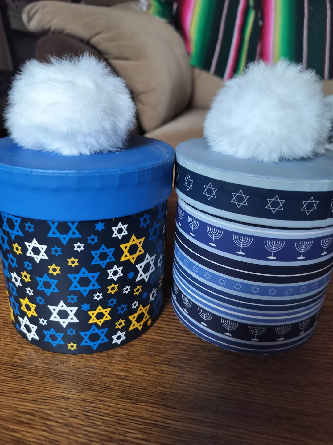 Set of 2 Hanukkah Themed Gift Tins with Fuzzy Toppers