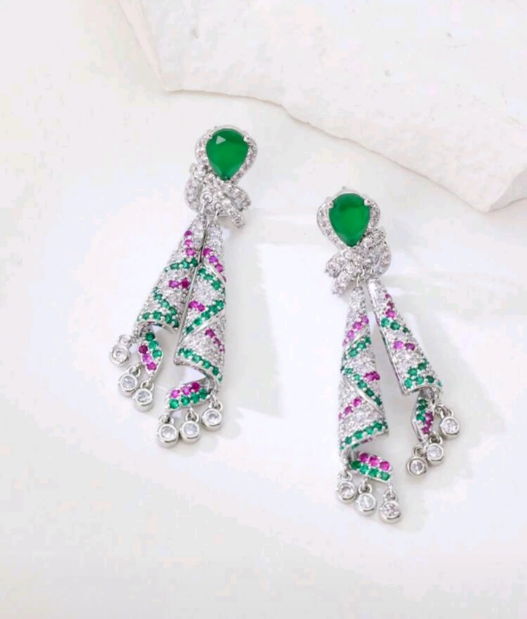 French High Quality Dangle Earrings with Green and Pink Stones - photo 2