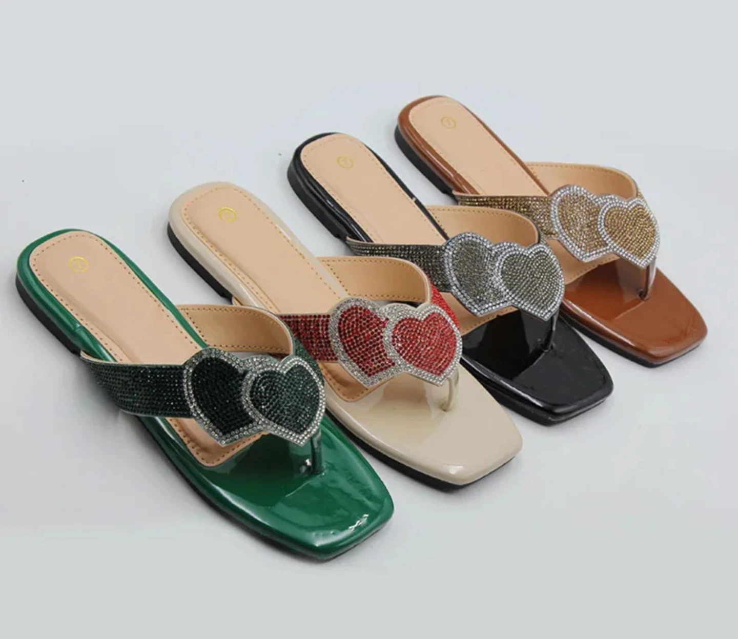 Green Embellished Heart Flip Flops Size 7