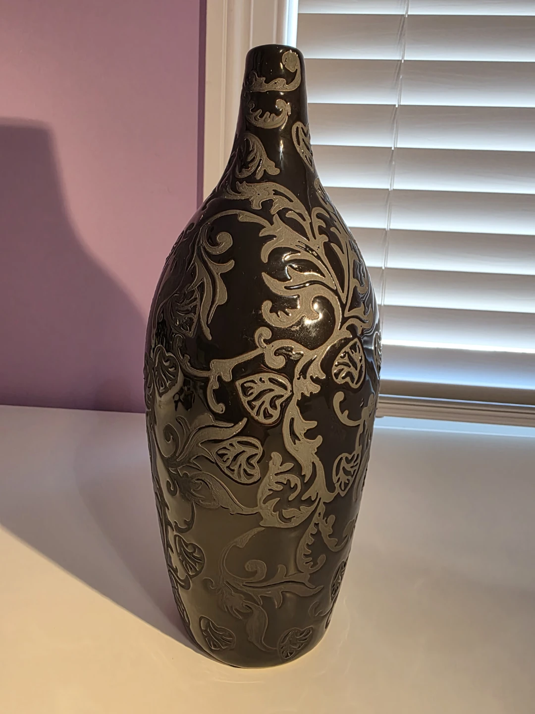 Black Decorative Vase embossed glazed pattern 13 in tall